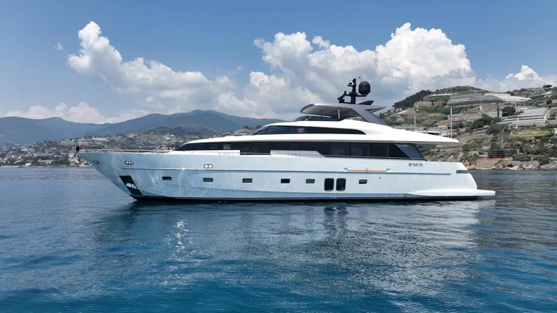 Aman - Sanlorenzo Sl96 Yacht Photos Pics Luxury 2016 Sanlorenzo SL96 yacht cruising on clear blue waters.