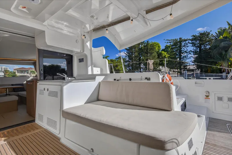 White Heron Yacht Photos Pics Luxurious Lagoon 46 Owner's Version 2021 yacht with spacious outdoor seating area.