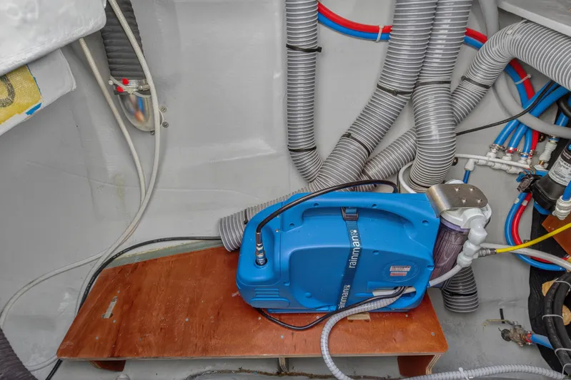 White Heron Yacht Photos Pics Boat engine room with Rainman watermaker, Lagoon 46 Owner's Version, 2021 model.