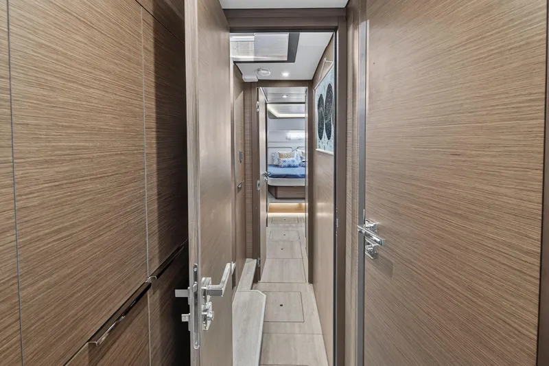White Heron Yacht Photos Pics Luxurious interior hallway of 2021 Lagoon 46 Owner's Version yacht.
