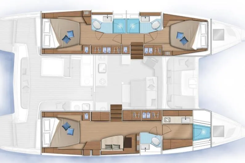 White Heron Yacht Photos Pics Floor plan of 2021 Lagoon 46 Owner's Version catamaran, featuring spacious cabins and modern amenities.