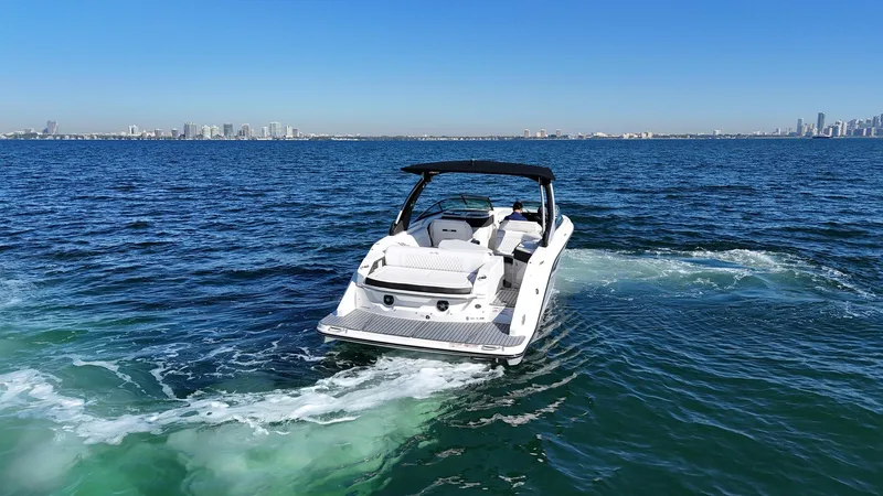  Yacht Photos Pics 2019 Sea Ray SLX 310 boat cruising on open water with city skyline in background.