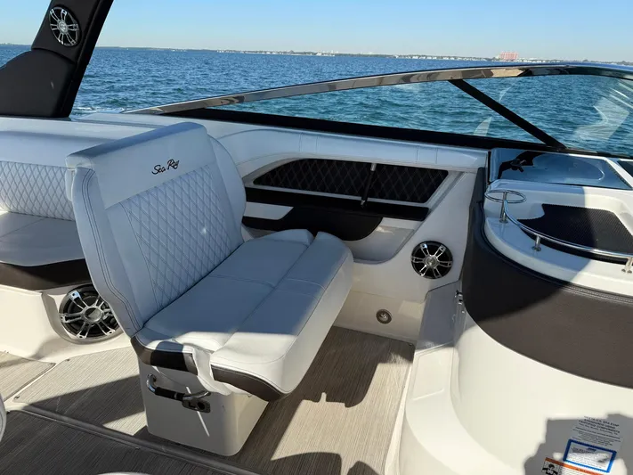  Yacht Photos Pics 2019 Sea Ray SLX 310 boat interior with luxurious seating and ocean view.