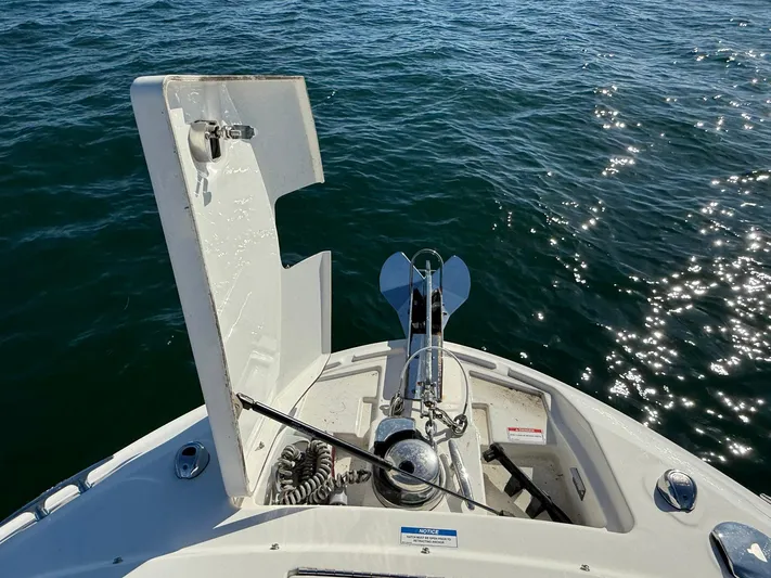  Yacht Photos Pics 2019 Sea Ray SLX 310 boat anchor compartment open on calm water.