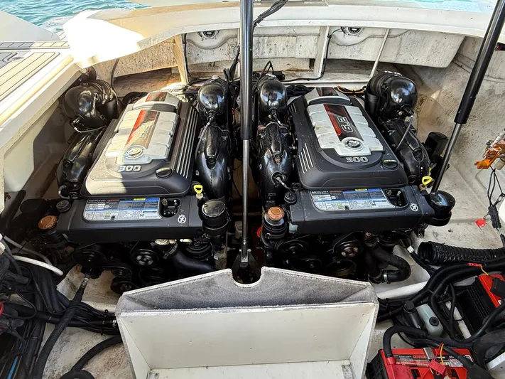  Yacht Photos Pics Twin engines in a 2019 Sea Ray SLX 310 boat, showcasing powerful performance.