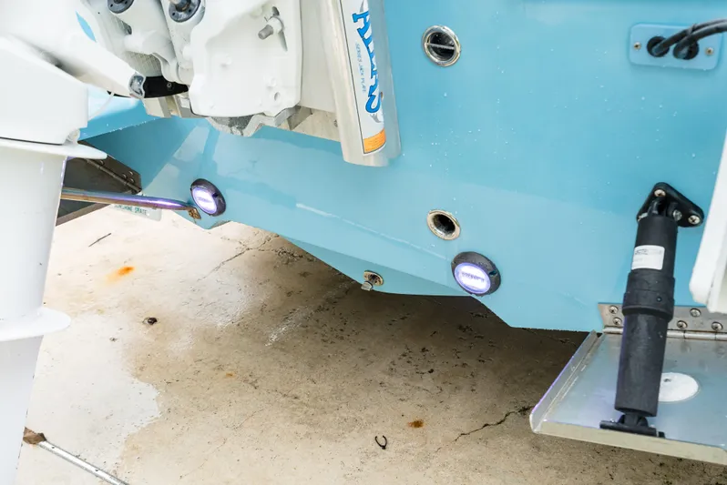  Yacht Photos Pics Rear view of 2021 Everglades 243 Center Console boat with underwater lights.