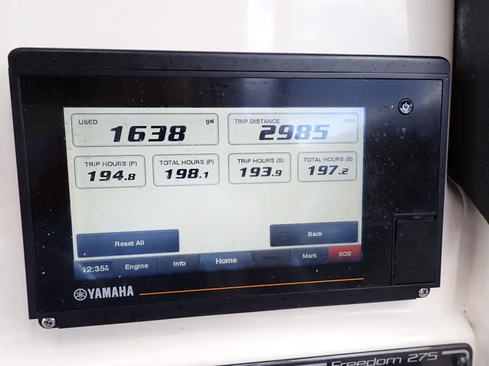  Yacht Photos Pics Yamaha engine display on 2019 Grady-White Freedom 275 showing trip data and engine hours.