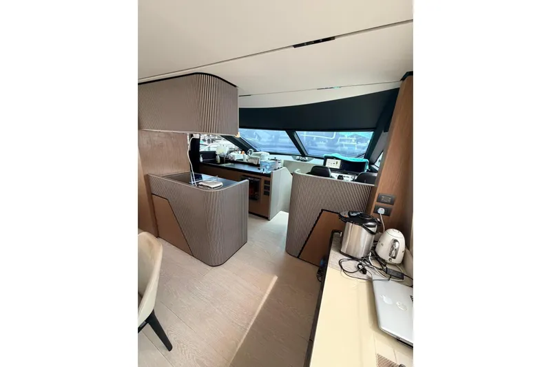  Yacht Photos Pics Interior of 2020 Ferretti Yachts 720, featuring modern kitchen and navigation area.