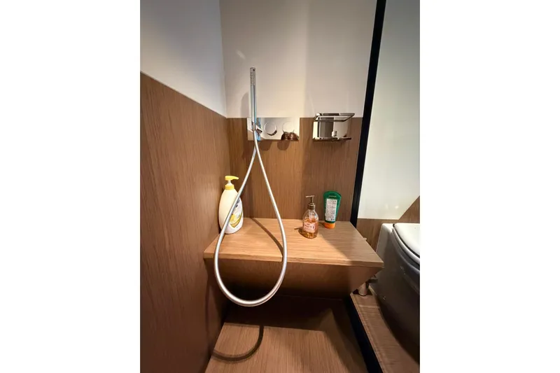  Yacht Photos Pics Luxury yacht bathroom with modern fixtures, Ferretti Yachts 720, 2020 model.