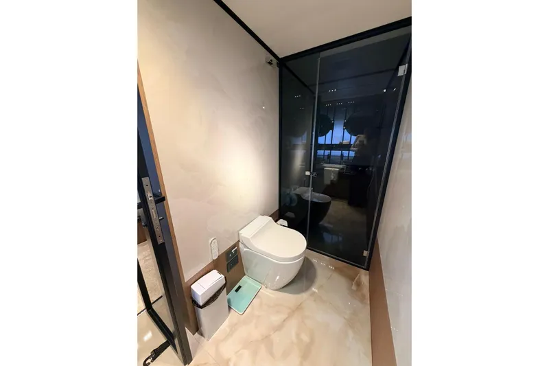  Yacht Photos Pics Luxurious bathroom on 2020 Ferretti Yachts 720, featuring modern design and glass shower.