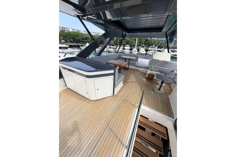  Yacht Photos Pics Luxurious 2020 Ferretti Yachts 720 deck with modern seating and sleek design.