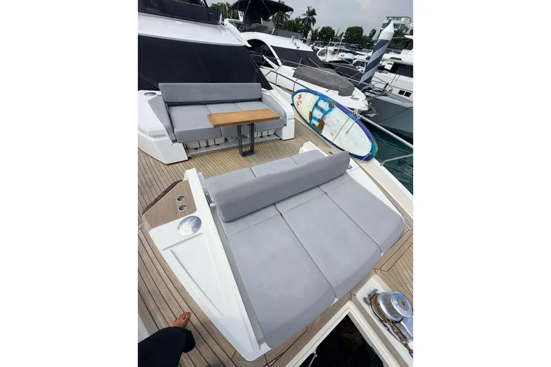  Yacht Photos Pics Luxurious 2020 Ferretti Yachts 720 with spacious deck and seating area.