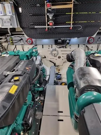  Yacht Photos Pics Engine room of 2019 Cranchi 60HT yacht, showcasing dual engines and organized equipment layout.