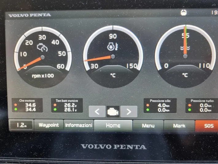  Yacht Photos Pics Volvo Penta engine display on 2019 Cranchi 60HT showing RPM, temperature, and pressure gauges.