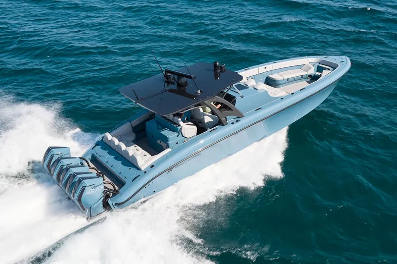  Yacht Photos Pics 2023 Midnight Express 43' Open boat cruising on the ocean.