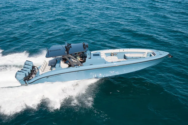  Yacht Photos Pics 2023 Midnight Express 43' Open boat cruising on the ocean.