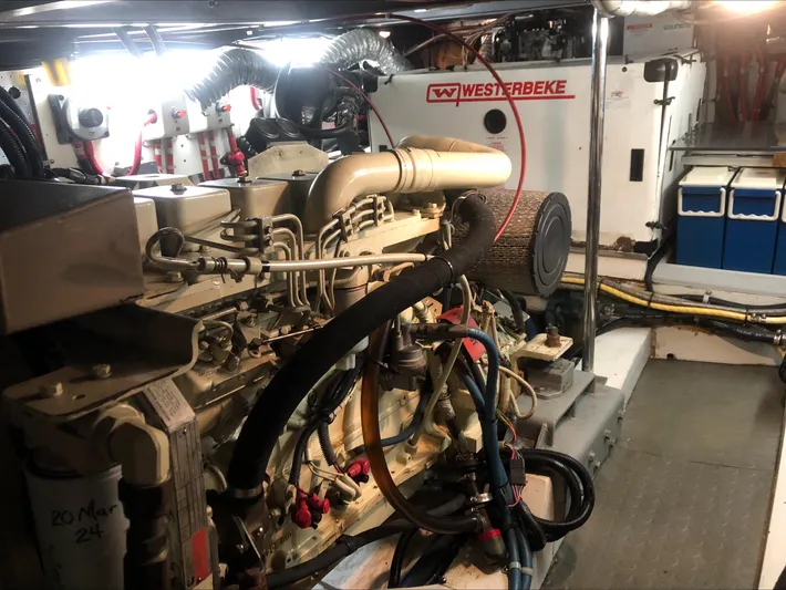 Off The Grid Yacht Photos Pics Engine room of 2001 Selene Ocean Trawler with Westerbeke generator.