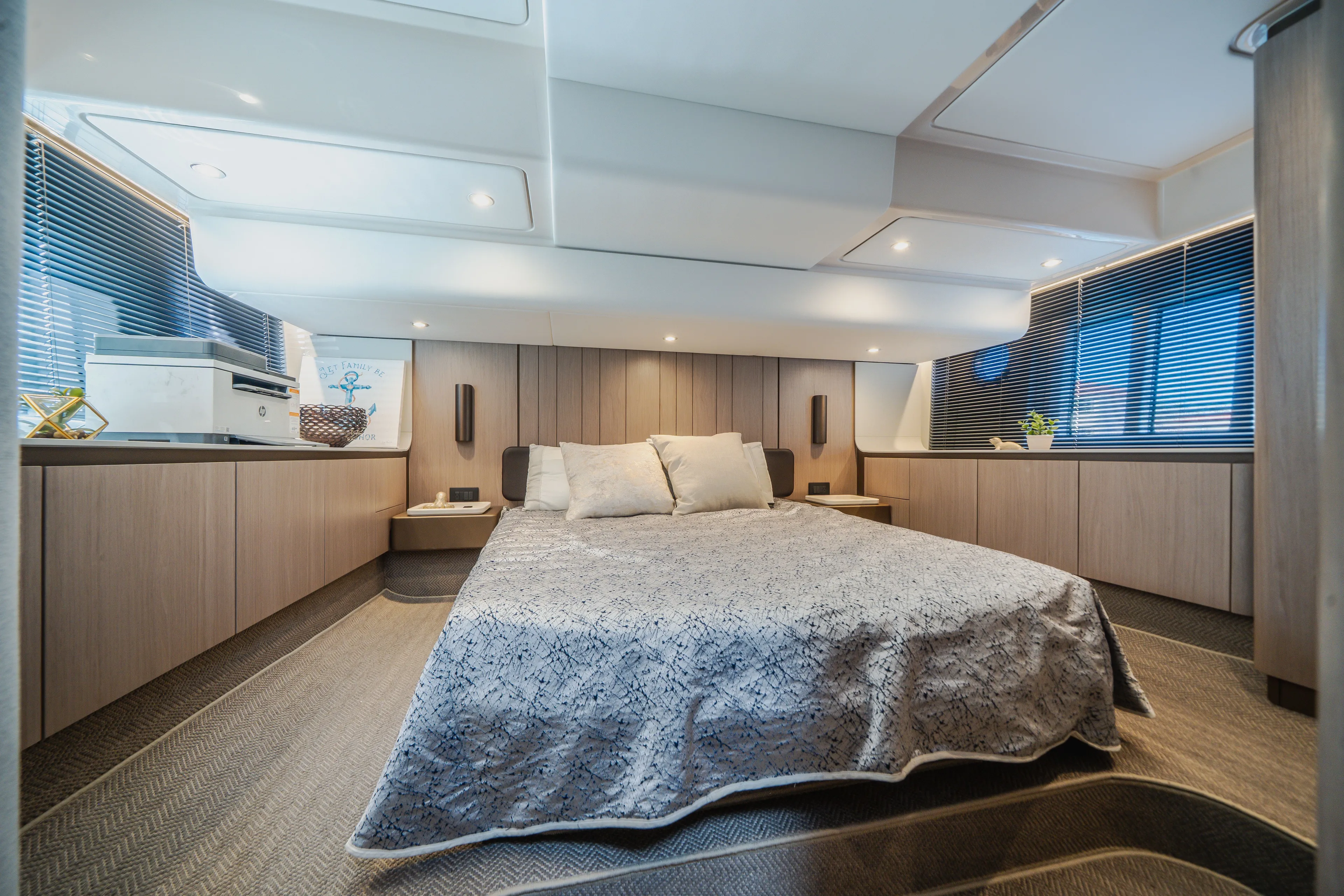  Yacht Photos Pics Luxurious interior of 2022 Azimut 50 Fly yacht with elegant bedroom design.