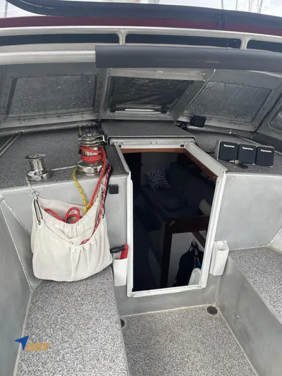 Rubicon Yacht Photos Pics Interior view of a 2022 Radford 15.2 boat, featuring a cabin entrance and storage area.