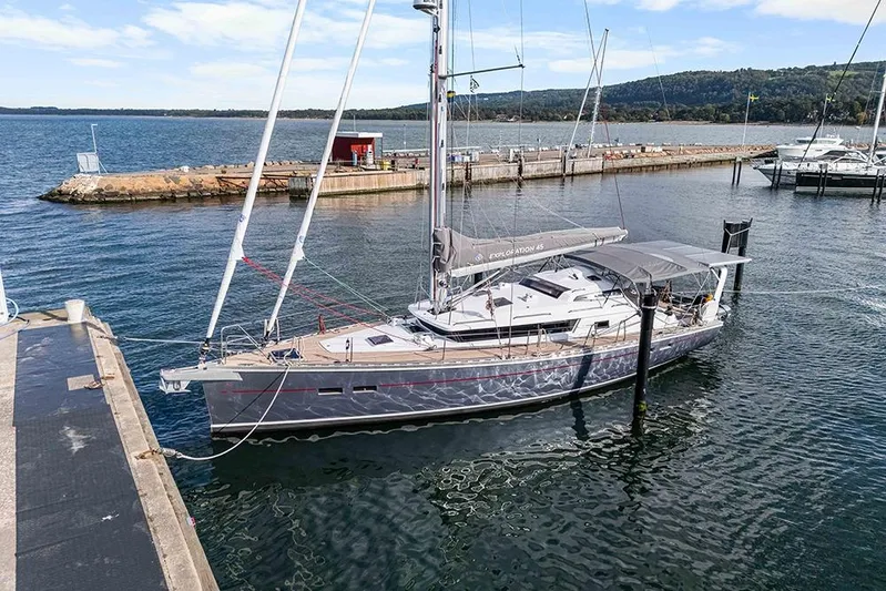  Yacht Photos Pics Sailing yacht Garcia 45 Explorer 2025 docked at a marina with scenic background.