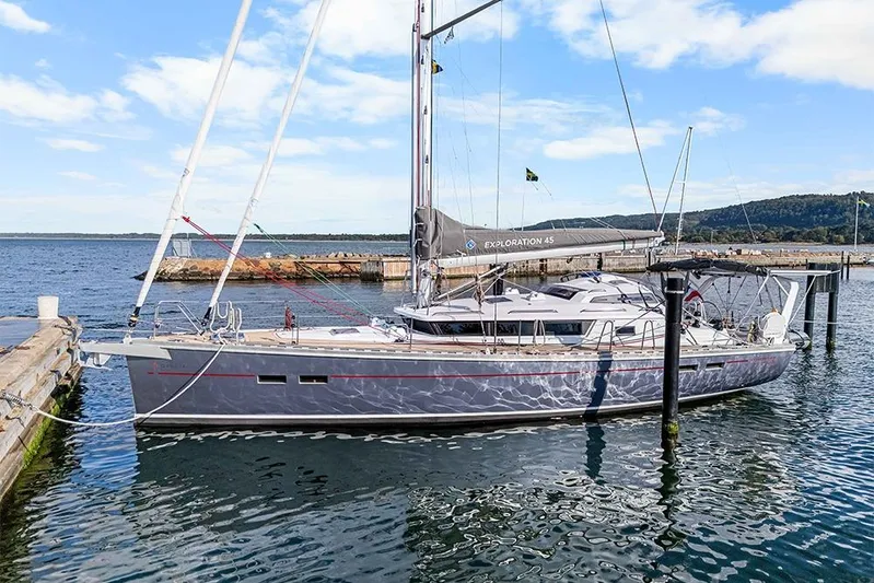  Yacht Photos Pics 2025 Garcia 45 Explorer yacht docked at a marina, under a clear blue sky.