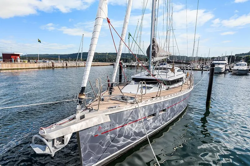  Yacht Photos Pics 2025 Garcia 45 Explorer yacht docked in a marina, showcasing sleek design and modern features.