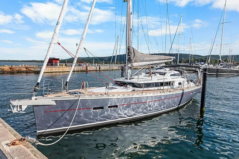  Yacht Photos Pics 2025 Garcia 45 Explorer yacht docked at a marina under a clear blue sky.