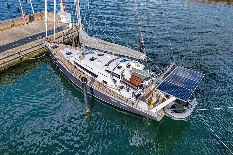  Yacht Photos Pics Aerial view of 2025 Garcia 45 Explorer yacht docked, featuring solar panels.