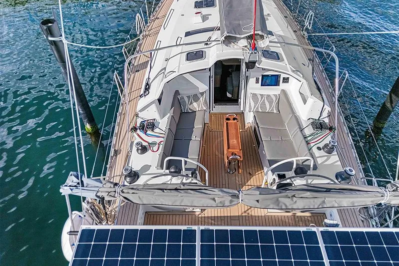  Yacht Photos Pics Aerial view of 2025 Garcia 45 Explorer yacht with spacious deck and solar panels.