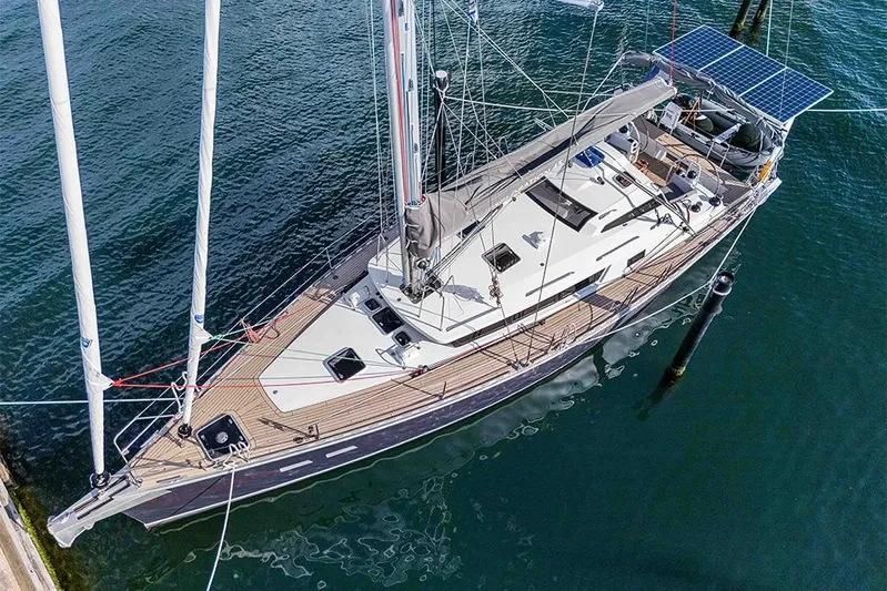  Yacht Photos Pics Aerial view of 2025 Garcia 45 Explorer yacht with solar panels on deck.