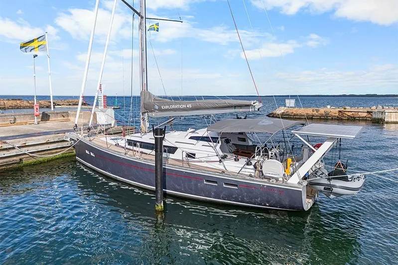  Yacht Photos Pics 2025 Garcia 45 Explorer yacht docked at a marina with clear blue skies.