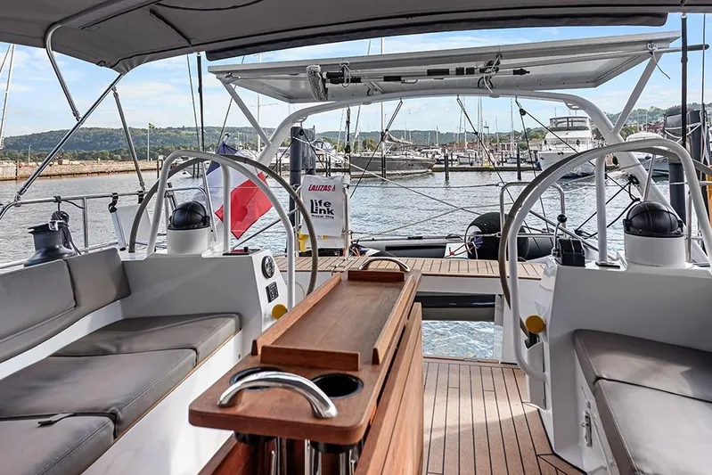  Yacht Photos Pics Luxurious 2025 Garcia 45 Explorer yacht interior with comfortable seating and scenic marina view.