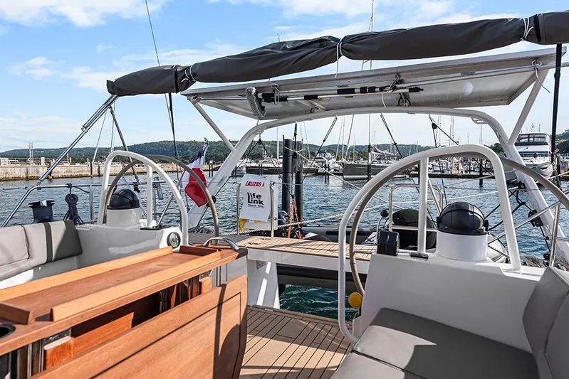  Yacht Photos Pics 2025 Garcia 45 Explorer yacht cockpit with modern design, docked at marina.