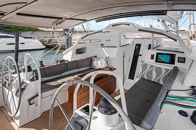  Yacht Photos Pics Modern Garcia 45 Explorer yacht interior, 2025 model, featuring sleek design and advanced navigation systems.