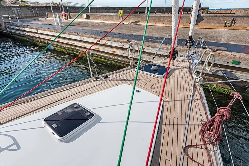  Yacht Photos Pics Deck view of 2025 Garcia 45 Explorer yacht docked at a marina.