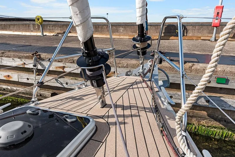  Yacht Photos Pics Bow of Garcia 45 Explorer yacht, 2025 model, docked with visible deck fittings.