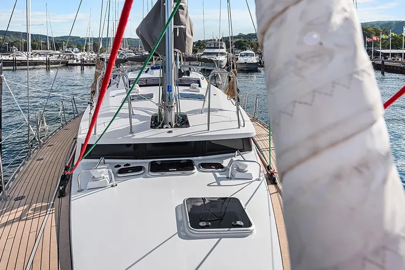  Yacht Photos Pics 2025 Garcia 45 Explorer yacht docked at marina, showcasing sleek deck design.