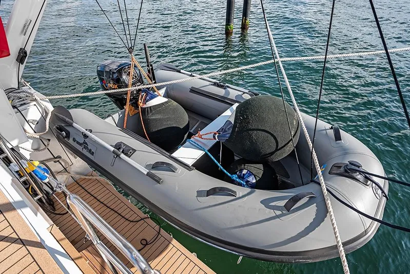  Yacht Photos Pics Inflatable boat with motor, docked on a yacht, Garcia 45 Explorer, 2025 model.