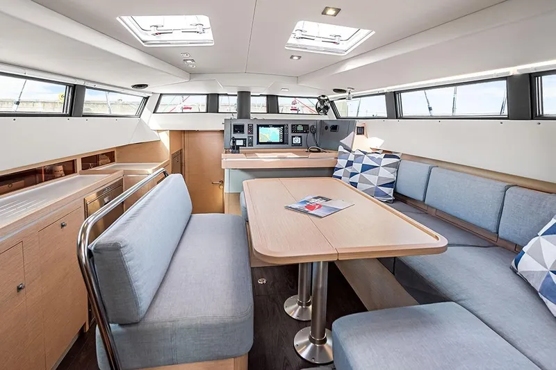  Yacht Photos Pics Modern interior of 2025 Garcia 45 Explorer yacht with sleek design and comfortable seating.