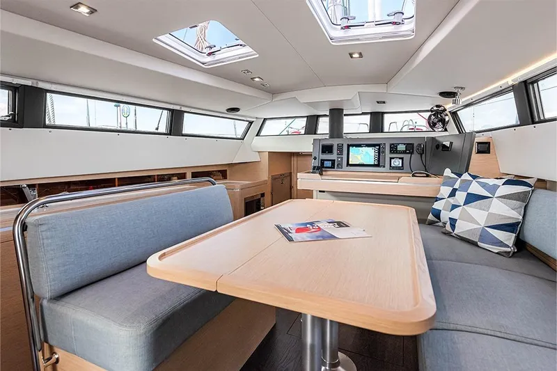  Yacht Photos Pics Interior of 2025 Garcia 45 Explorer yacht with modern seating and navigation equipment.