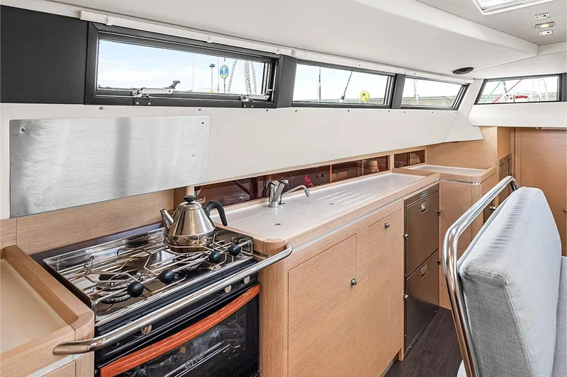  Yacht Photos Pics Modern kitchen interior of 2025 Garcia 45 Explorer yacht with stove and sink.