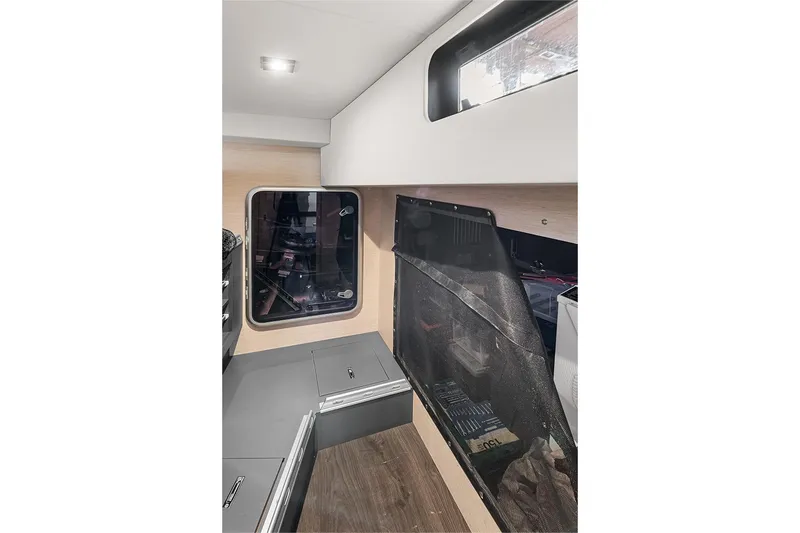  Yacht Photos Pics Interior of 2025 Garcia 45 Explorer yacht, featuring modern design and storage compartments.