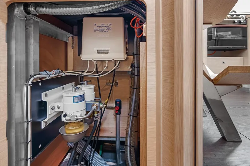  Yacht Photos Pics Interior view of a 2025 Garcia 45 Explorer yacht, showcasing technical equipment and wiring.