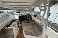 Interior of 2019 Nimbus W 9 boat with modern seating and navigation controls.
