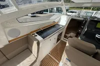 Interior of 2019 Nimbus W 9 boat with modern seating and kitchenette.