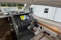 Interior of 2019 Nimbus W 9 boat with modern dashboard and steering wheel.