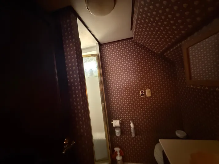  Yacht Photos Pics Bathroom interior of a 2000 Pluckebaum Custom boat with patterned wallpaper and shower.