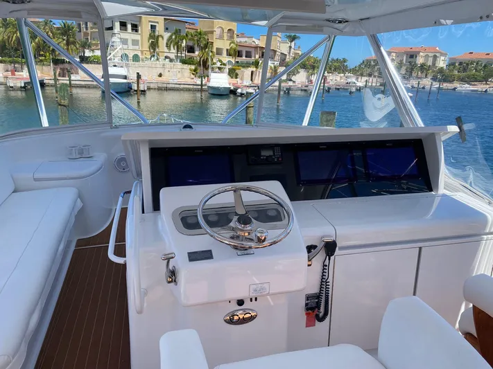 Aleola Yacht Photos Pics Helm of 2006 Hatteras 54 Convertible yacht with marina view.