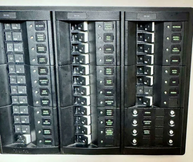 Linda Lou Yacht Photos Pics Legacy 36 2018 control panel with circuit breakers and switches.