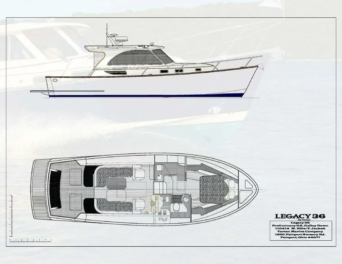 Linda Lou Yacht Photos Pics Legacy 36 boat design with floor plan and side view, year 2018.